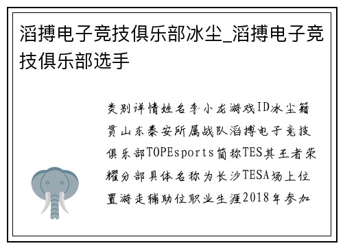 滔搏电子竞技俱乐部冰尘_滔搏电子竞技俱乐部选手